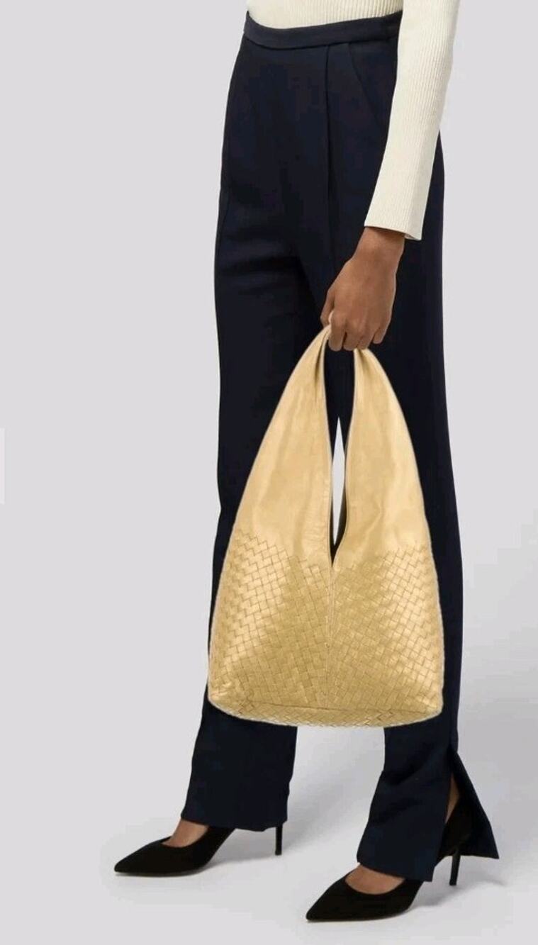 Authentic BOTTEGA VENETA INTRECCIATO Gold Hobo Shoulder Bag Leather Rare Designe